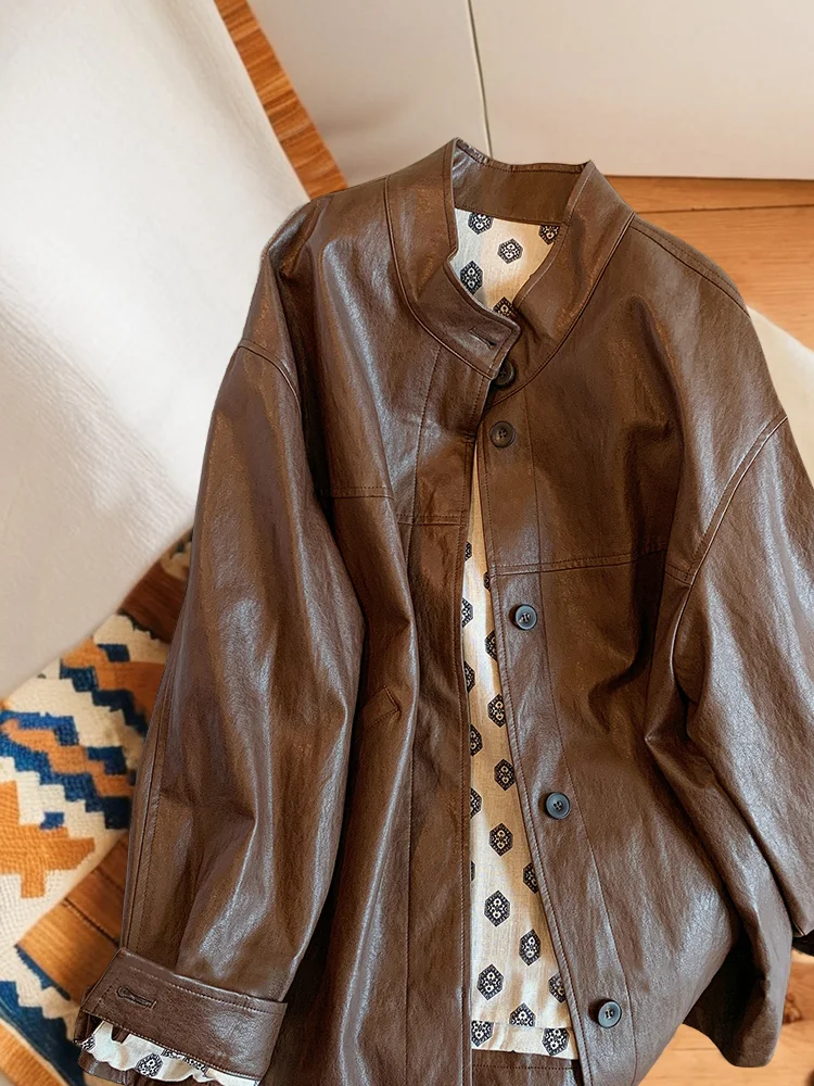 Retro Ce Brown Leather Jaet Casual ex Spring Autumn High Faion Versatile Open Cardigan Sle Women's ort Coat