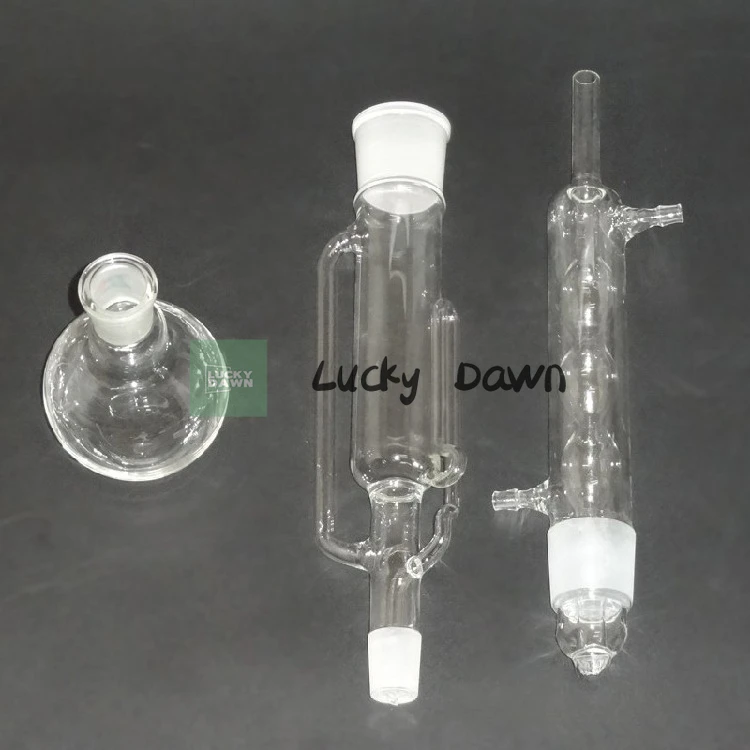 250ミリリットル抽出器セット-24-40型結合沸騰フラスコと栓付きガラス冷却器が含まれています