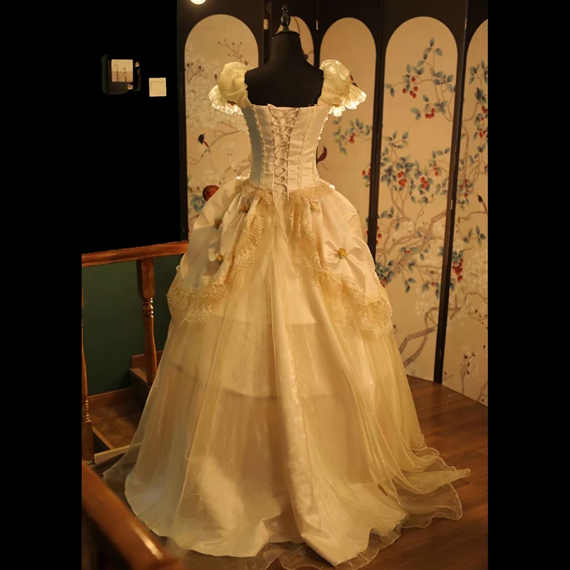AnXin SH princess champagne lace sweetheart beading pink rose puff short sleeve ruffles lace up party customized wedding dress