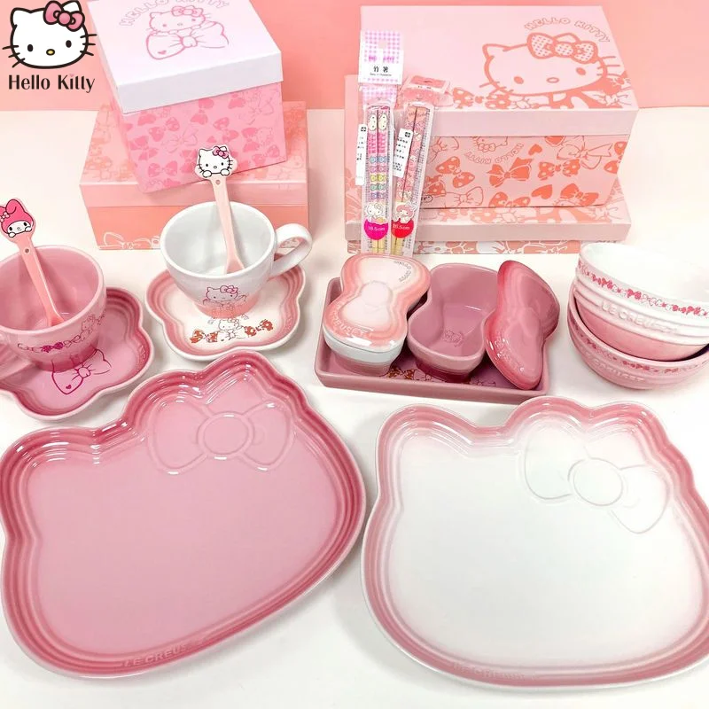 Sanrio Hello Kitty Ceramic Dinner Plate Tableware Bow Tie Shaped Dinner Plate Rice Bowl Cups And Saucers Set To Friend Send Gift