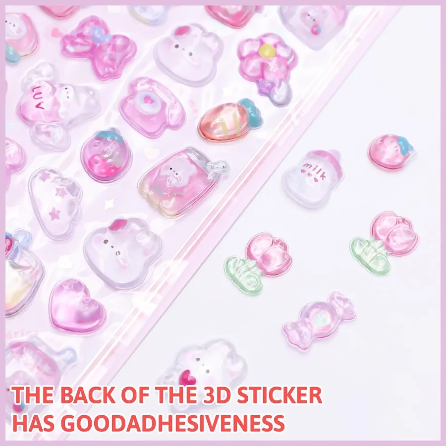 ملصقات منتفخة على شكل أرنب وردي لطيف ثلاثية الأبعاد - ملصقات كاواي صغيرة منتفخة قابلة لإعادة الاستخدام لسجلات القصاصات والمجلات وأجهزة الكمبيوتر المحمولة والهاتف C