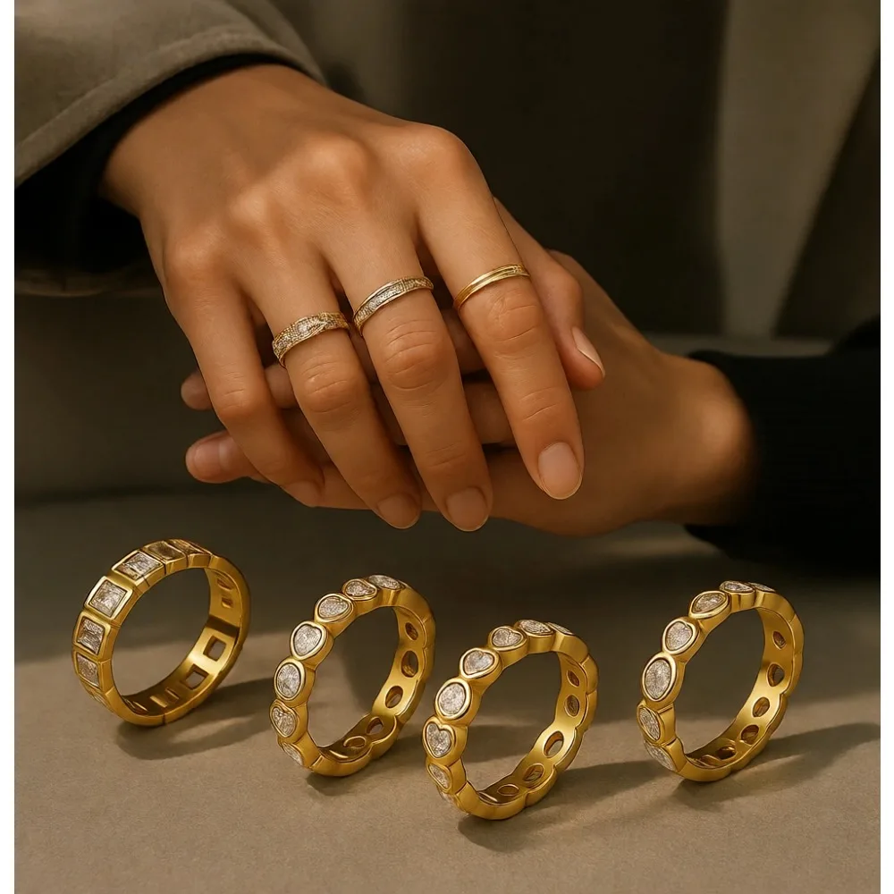 

Набор из 4 золотых колец с фианитами для женщин, штабелируемые, из нержавеющей стали, не тускнеющие, для помолвки и свадьбы, размеры 6-10