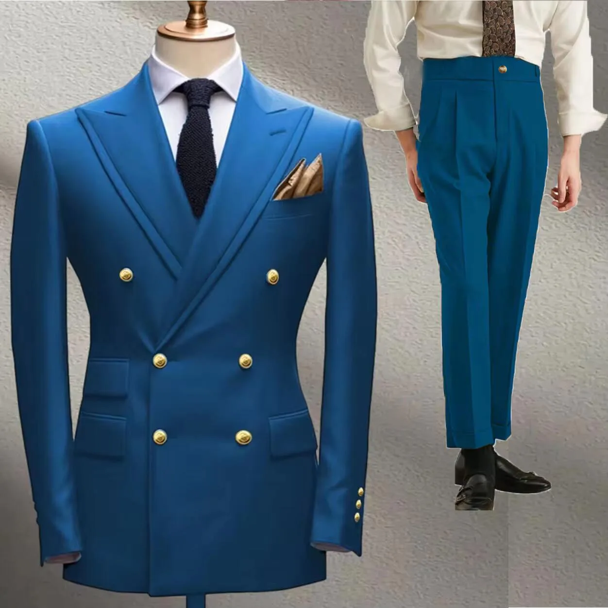 

Navy Blue Men's Suit jacket Trousers 2 pieces Set Fashion Metal Buckle double-breasted Blazers Slim suits Coat Business Wedding