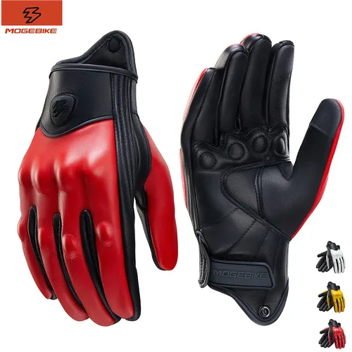Guantes de Moto de cuero rojo Retro para hombre y mujer, guantes de carreras de Moto perforados transpirables, guantes de Moto para Motocross con pantalla táctil