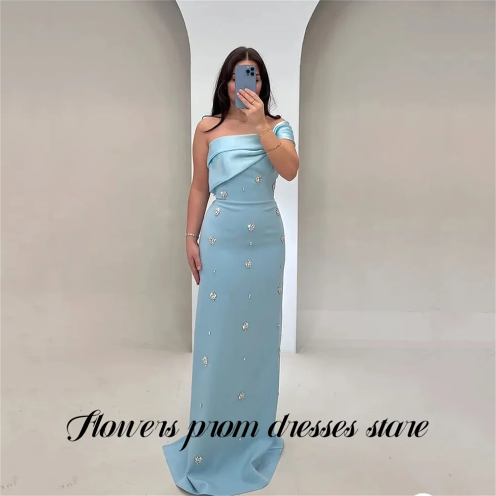 

Flowers Light Blue Party Dress One Shoulder Prom Gown Back Slit Prom Dress with Rhinestones فساتين السهرة Customized