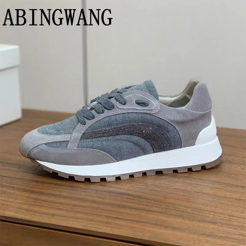 2026 Spring Autumn New Suede Leather Patchwork Flats Sneakers Lace Up Round Toe Thick Sole Walking Shoes Casual Shoes Women