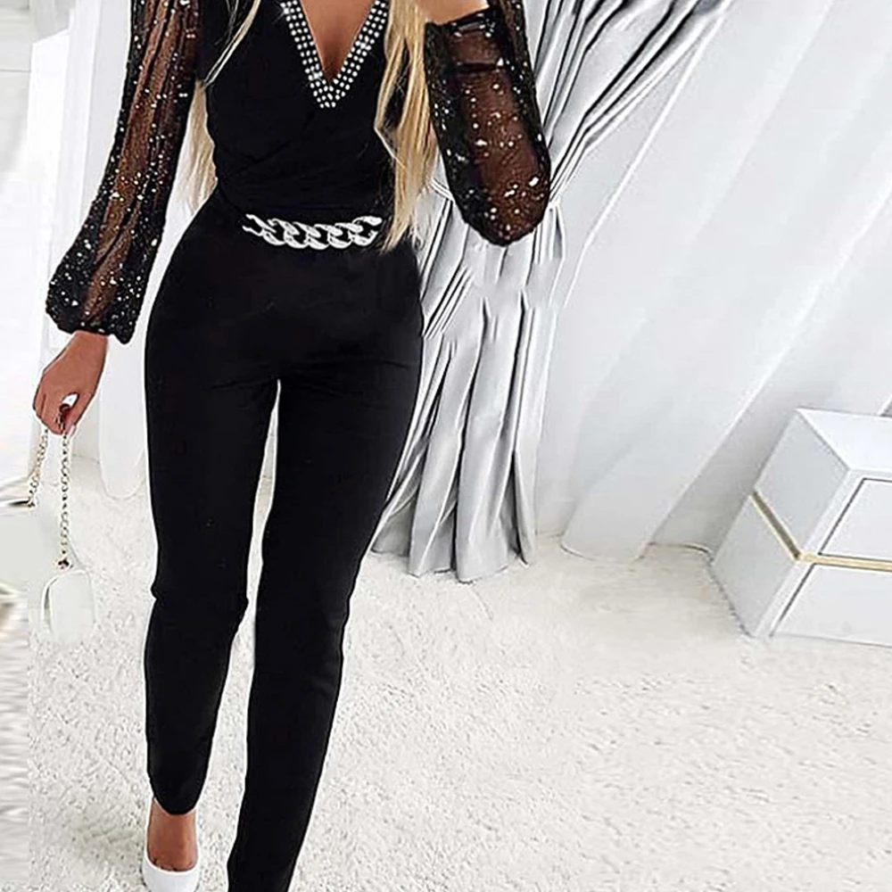 Solid V Neck Long Sleeve Sparkle Rhinestone High Waist Slim Fit Business Casual Jumpsuit