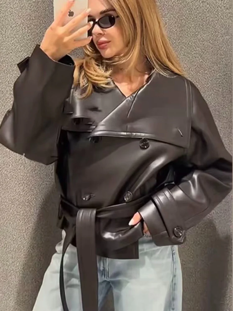 Tfmln mulheres vintage plutônio jaquetas curtas com cinto moda oversize couro falso streetwear feminino duplo breasted casual outwear