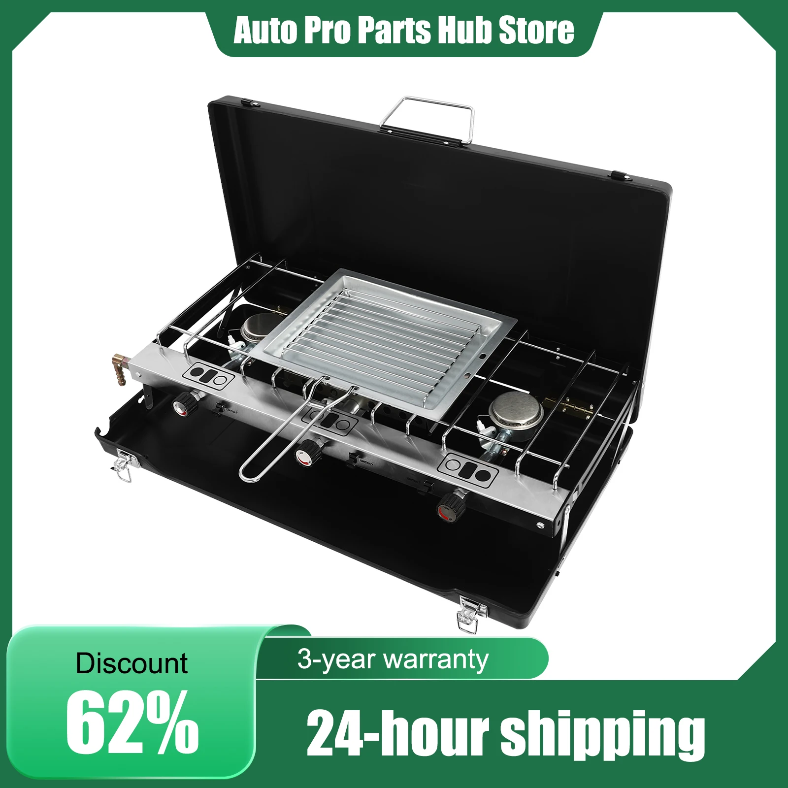 

Outdoor Grill, 3-Burner Propane Butane Gas Camping Stove, Windproof Lid, W/ Grid + Tray for Camping & Outdoor Cooking