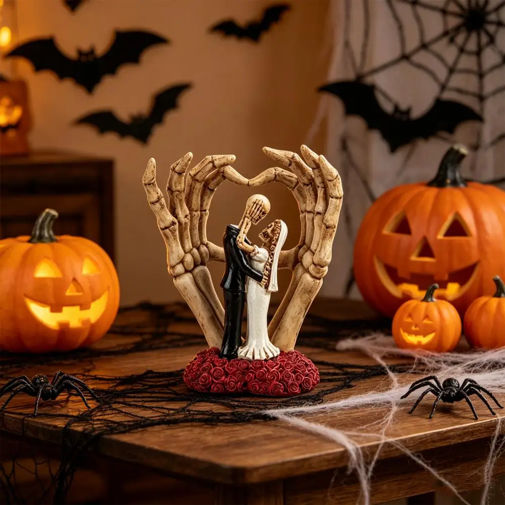 Skull Wedding Ornament Skeleton Couple Figurines with Rose Base Skull Wedding Decor Durable Resin Hand Ornaments for Halloween