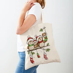 Pupazzo di neve Tote Regalo di buon Natale Borsa da donna Simpatico cartone animato Calzino Albero di Natale Entrambe le borse per la spesa casual per studenti in tela stampata