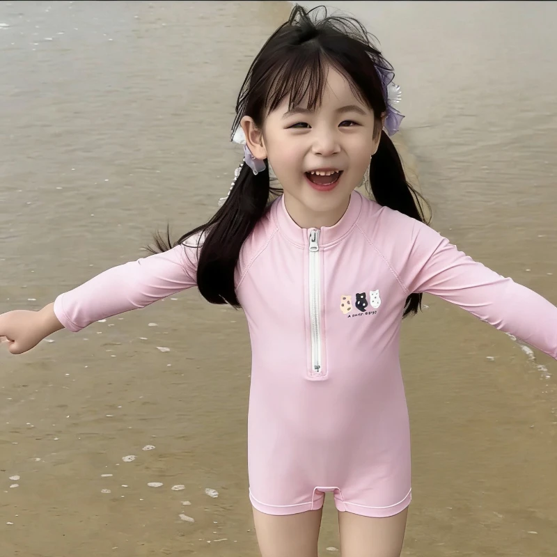 2026 Summer New Children's Quick Drying One-piece Long Sleeved Sunscreen Beach Vacation Swimsuit
