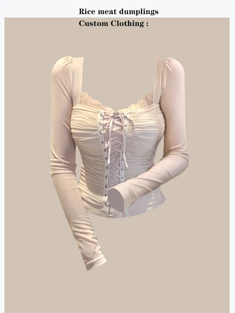 

French Style Slim Fit Lace Shirt Cross Tie Net Top Korean Sweet Beauty Long Sleeve Short Length Square Collar Polyester Fiber