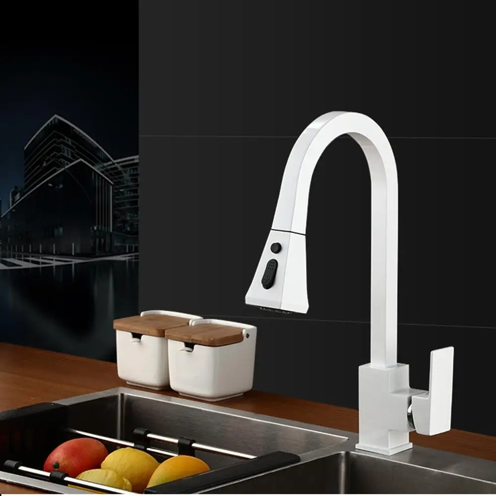 Vidric Deck Mounted Pull Out Kitchen Sink Faucet Hot Cold Water Mixer Crane Square White Black Finished 2 Type Spray ELK6701