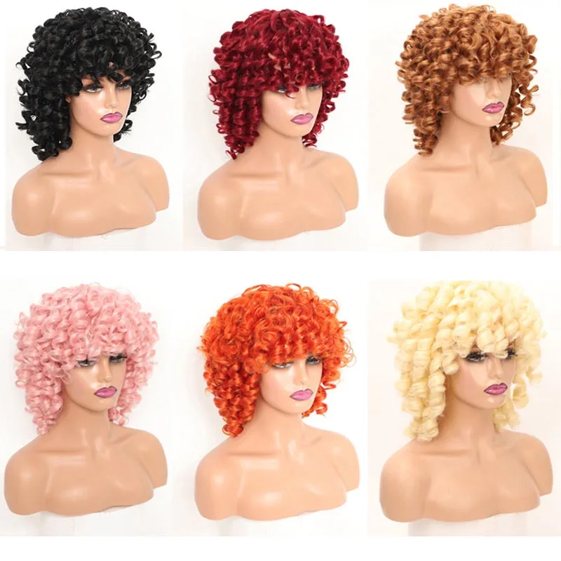 Belle Show Short Loose Big Curly Wigs For Black Women Afro Curly Wigs With Bangs Synthetic Cosplay Wig 12 Inch