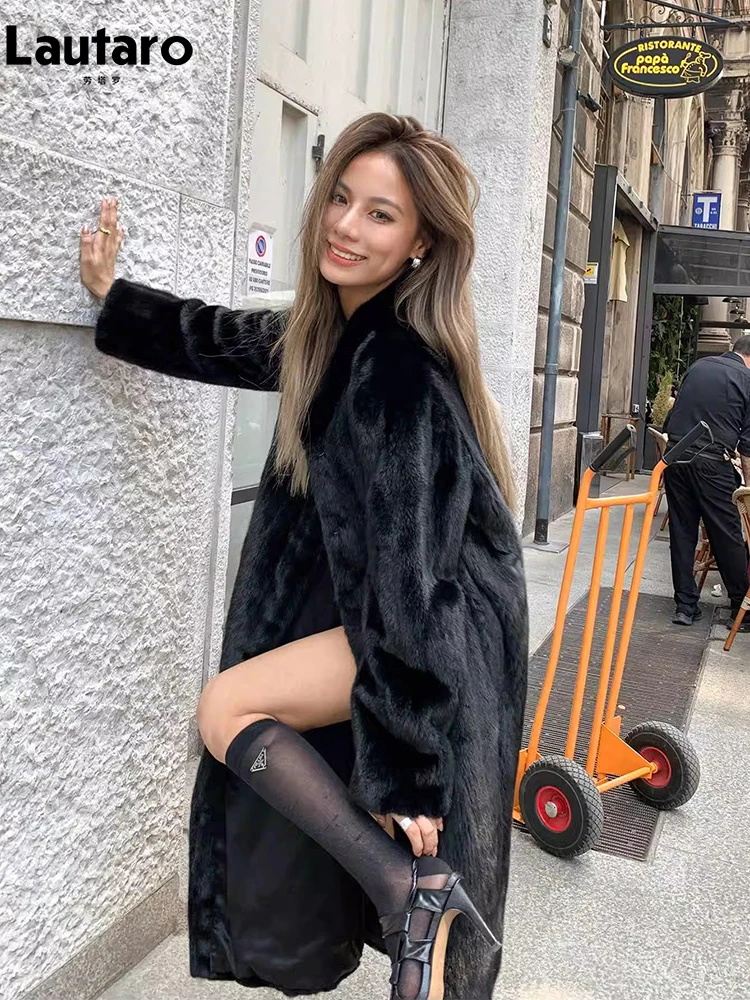 Lautaro Winter Long Black Thick Warm Soft Faux Mink Fur Coat Women Stand Collar Luxury Elegant Chic Fluffy Furry Overcoat 2024