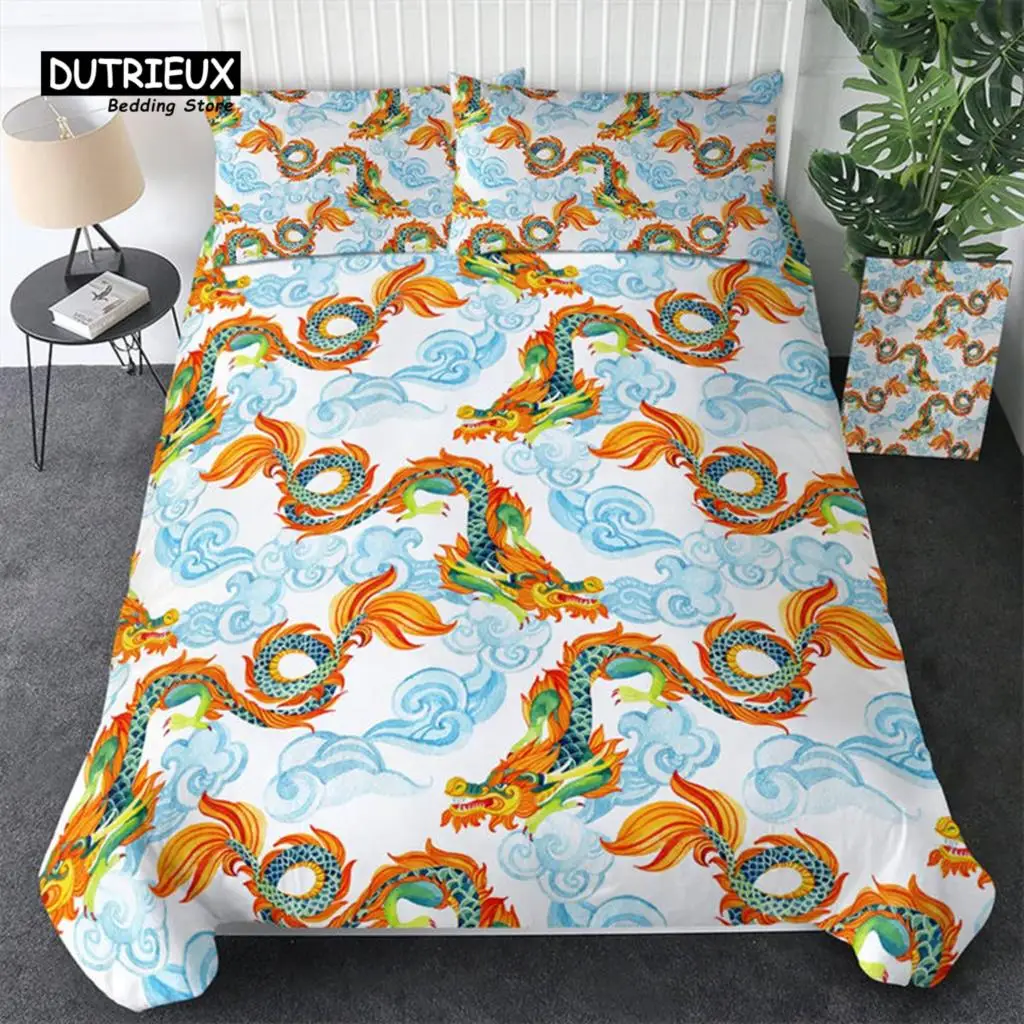 3D Dragon Duvet Cover Microfiber Blue Clouds Twin Bedding Set Chinese Historical Eastern Dragon Comforter Cover With Pillowcases