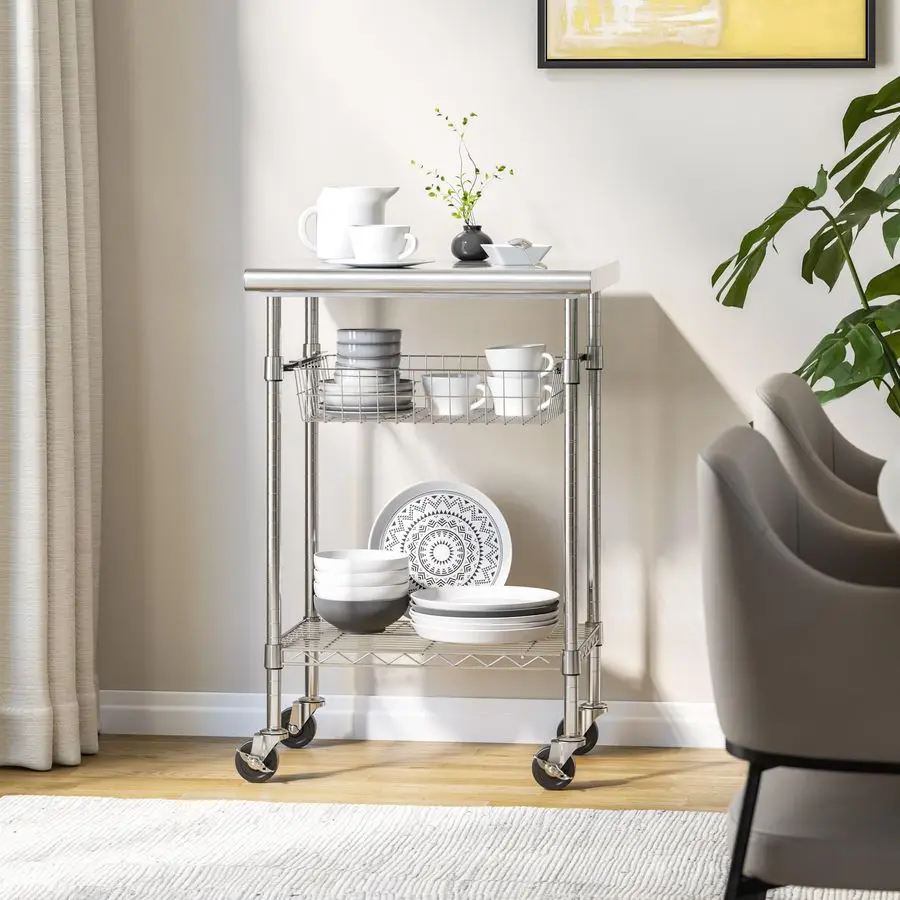 Commercial Work Table Island Utility Cart Prep Station, for Restaurant, Kitchen, Warehouse, Garage, Hotel, Home, StainlessSteel