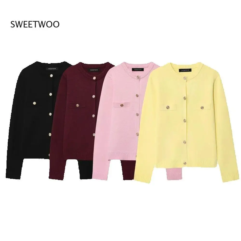 

Женский вязаный топ-кардиган с расческами - круглый вырез, длинный рукав, дизайн на пуговицах, осень-зима, новый модный свитер