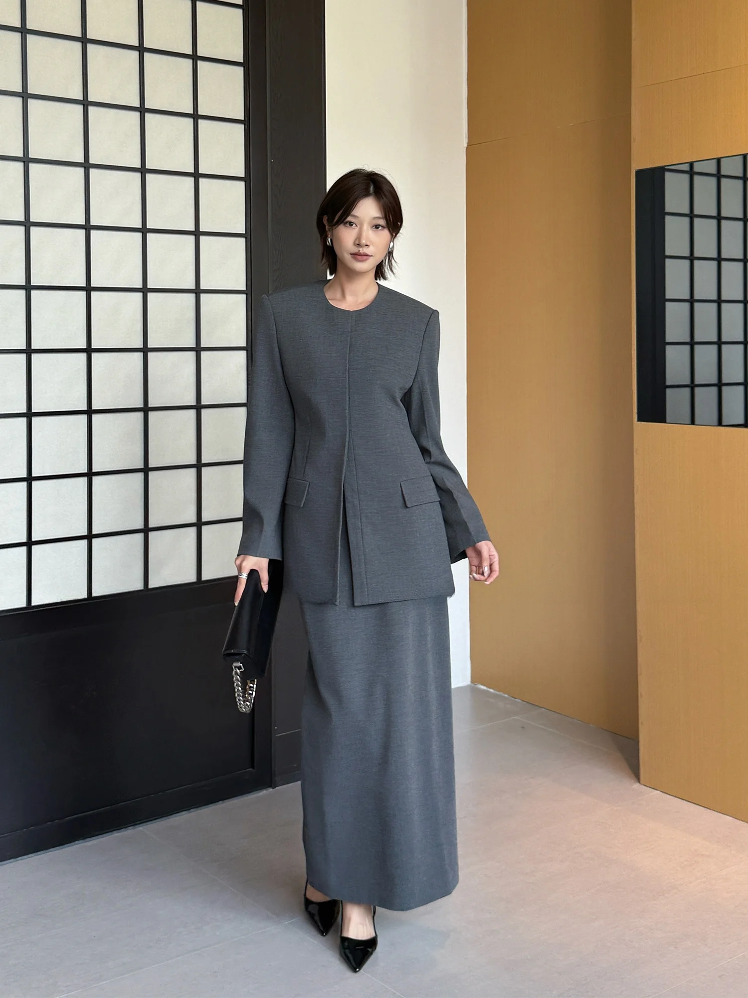 

Костюм ECLANE из шерстяной смеси: прямой пиджак и юбка с пуговицами, женский деловой повседневный комплект