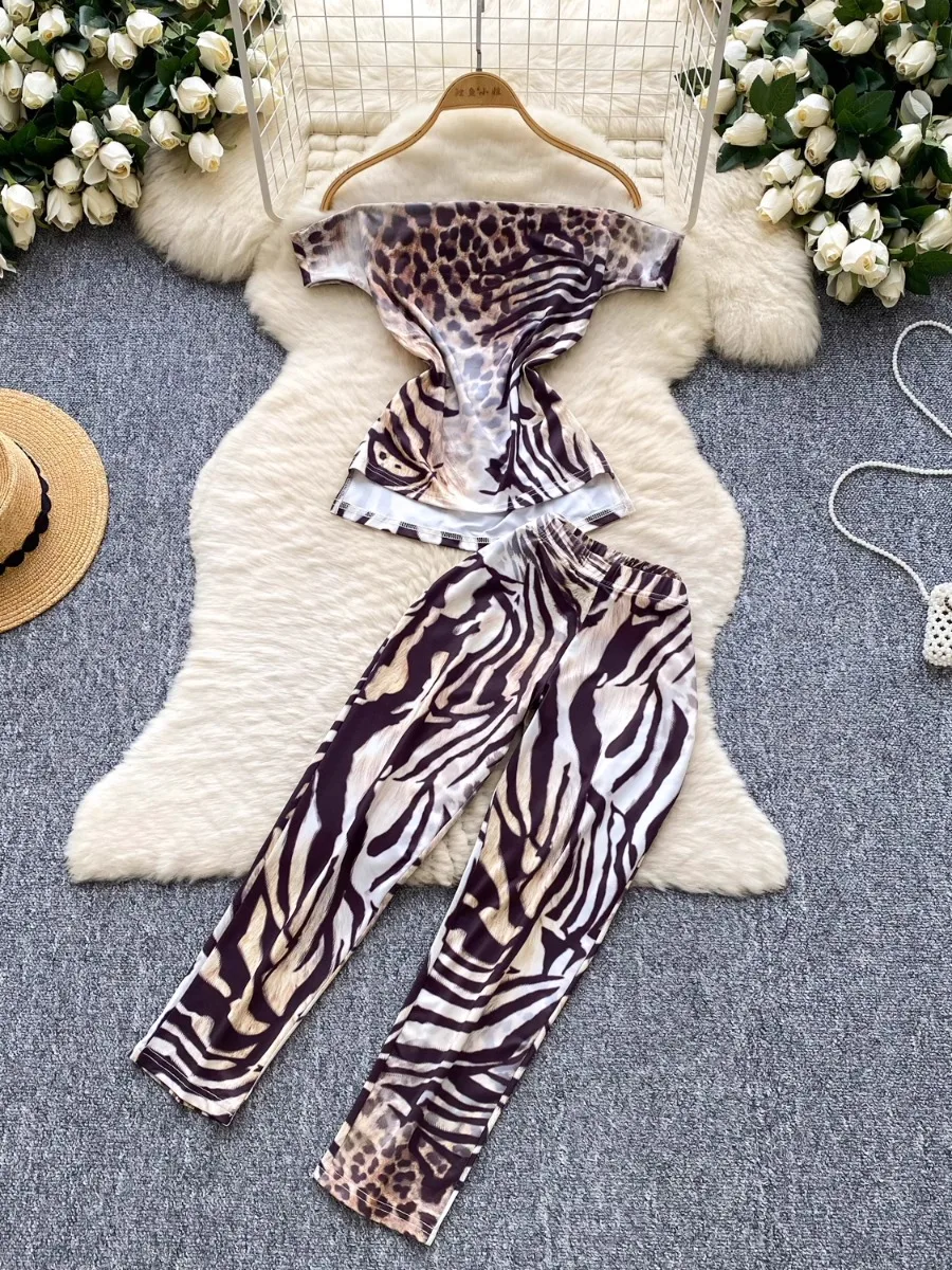 

Foamlina High Waist Bodycon Seven Point Pants + European Sexy Off Shoulder Leopard Print Top Women 2 Piece Set Outfit