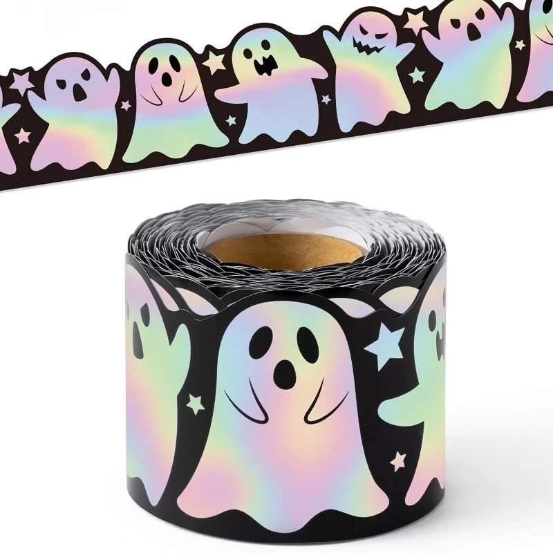 16.5 Feet Halloween Boo Border Trim Halloween Spooky Themed Holographic Straight Rolled for School Classroom Office Chalkboard
