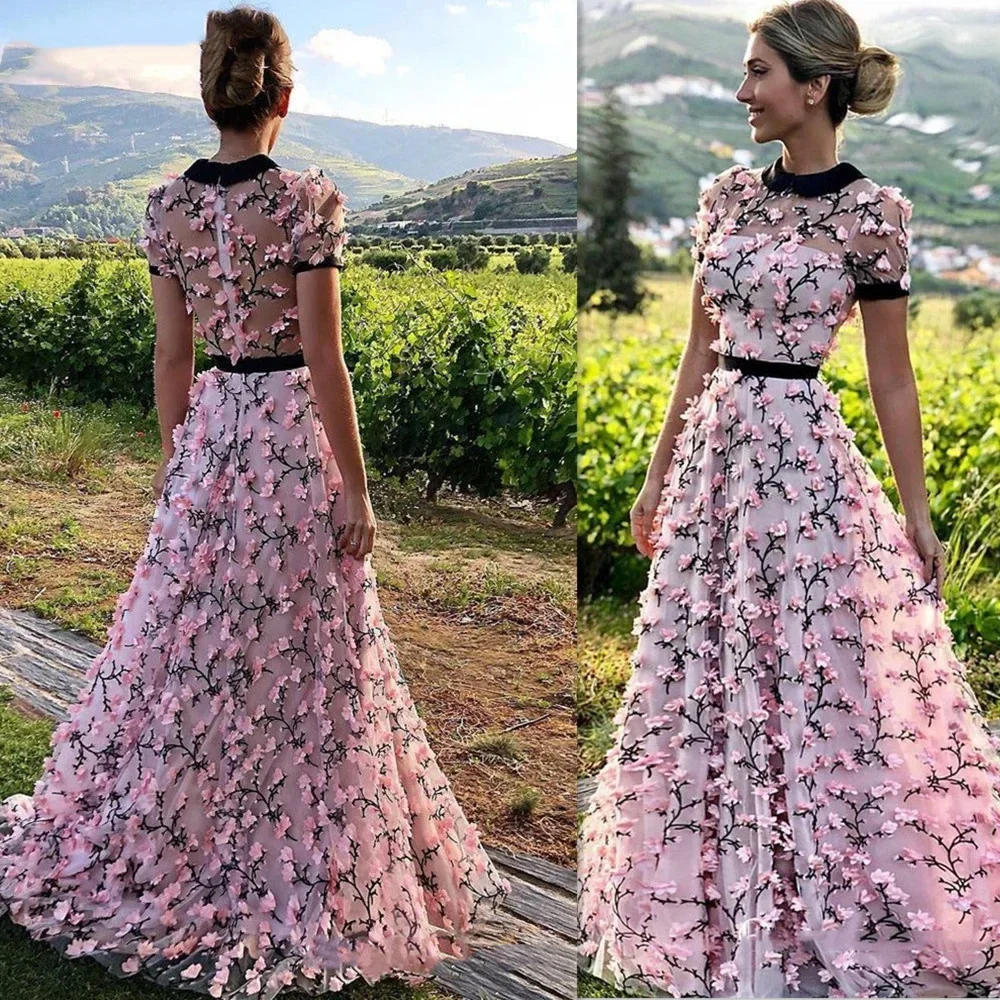 Customized Elegant High Neck A-Line Evening Dress 2024 Stunning 3D Floral Prom Gown In Pink With Lace Embroidery Perf