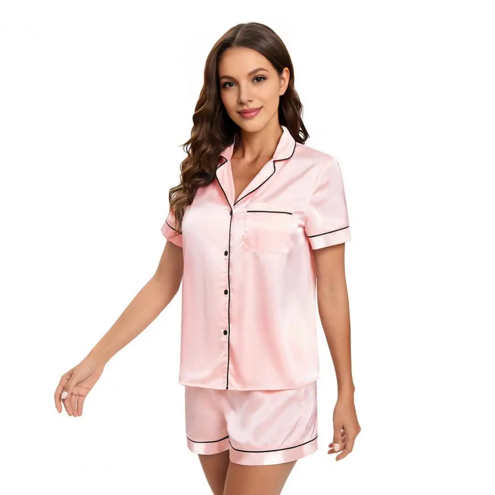 طقم بيجامة نسائي طقم شورت قميص ساتان نسائي مع طية صدر السترة وخصر مطاطي بلون سادة ملابس منزلية للاستلقاء للصيف #3