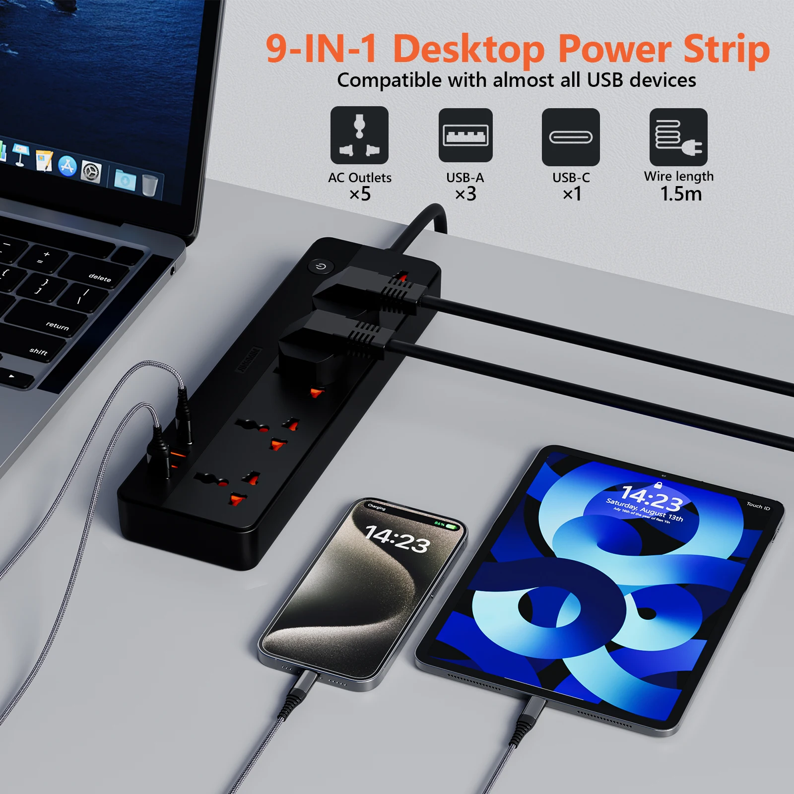 Power Multi Tap Universal Plug EU Outlet Power Strip with 1.5M Extension Cord AC Type C USB Port Charge Electrical Socket PD 20