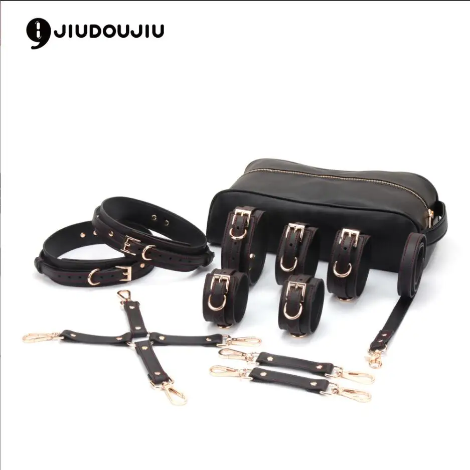 Leather Metail Sex Handcuffs Ankle Cuffs and Collar Slave Bdsm Bondage Set Sex Toys for Couples Erotic Womens Lingerie S3032