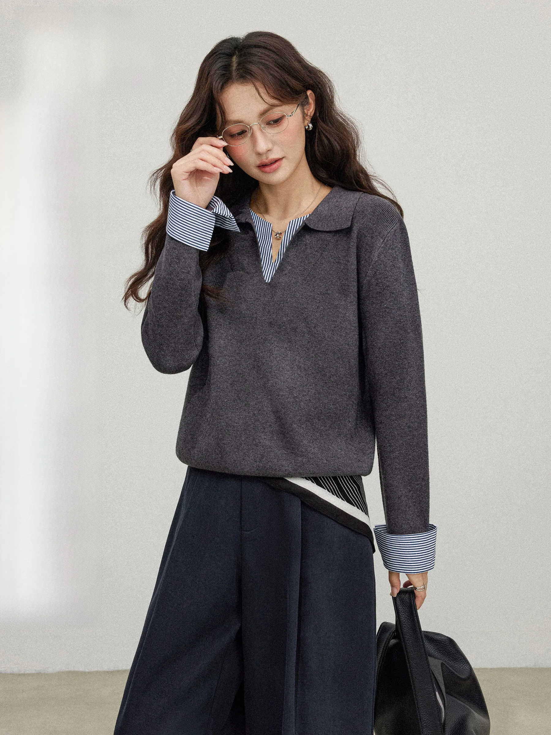 

Chang Dou Dou Women's Long Sve Ne Striped Patchwork Knitwear Autumn Design Korean Sle Ele Fake Two-Piece Top