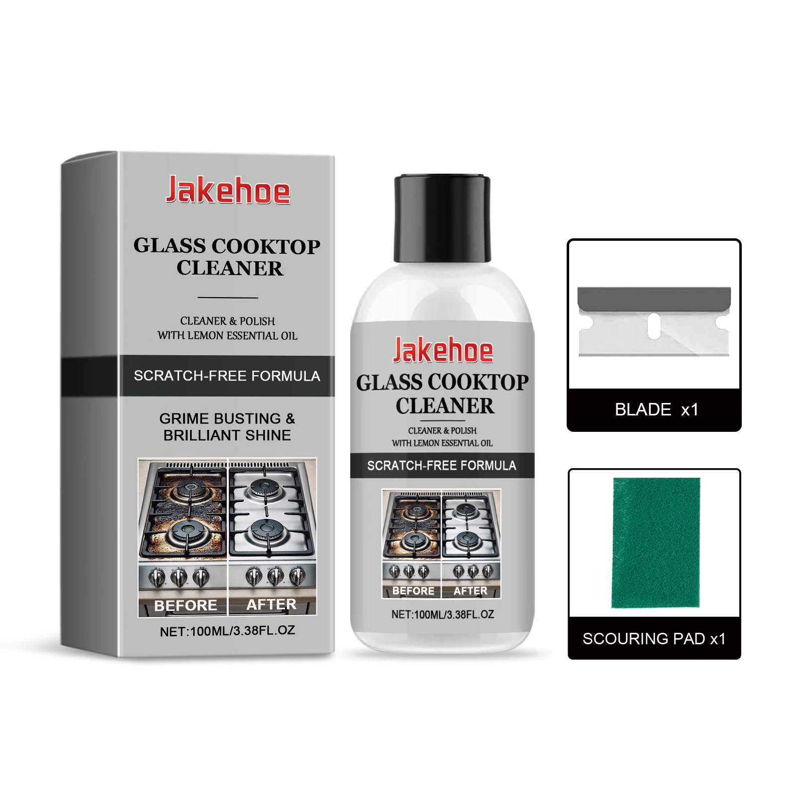 Glass Cooktop Cleaner & Polish Scratch-Free Formula Stove Grease Grime Remover with Scouring Pad and Razor Blade