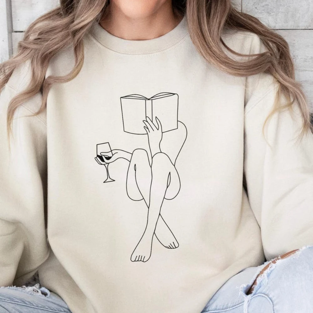 Felpa da lettura per donna Line Art, accogliente e casual amante dei libri, girocollo, pullover da donna, vita quotidiana, design semplice, abbigliamento, top unisex