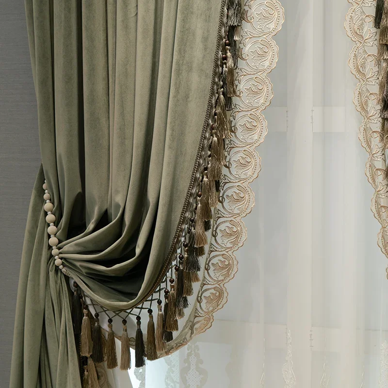 American Retro Dark Green Velvet Thickened Blackout Curtains for Living Room Bedroom Villa French Window Customized