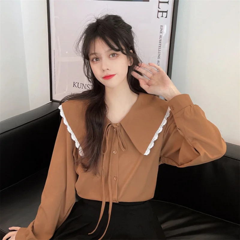 Sweet Bow Lacing White Shirt Tops Spring Autumn New Long Sleeve Solid Color Loose Blouse Fashion Korean Casual Women Clothing