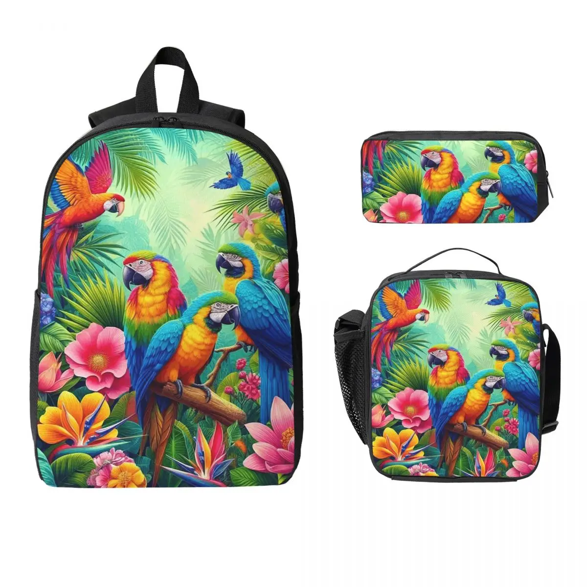 Vibrant Jungle Scene With Colorful Parrots Backpack Boys Girls BookBag School Bag Laptop Shoulder Bags 3ps Lunch Bag Pencil Case