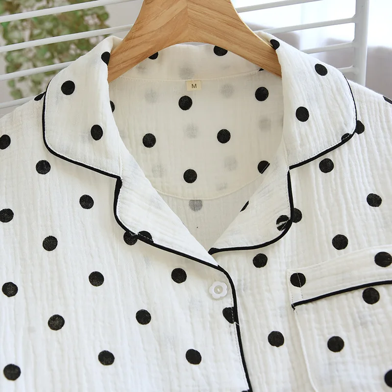 2023 Summer Crepe Black Polka Dot Women's Pajamas Short Sleeved Sleep Top Pants Home Clothing Cotton Yarn Casual Loose Sleepwear