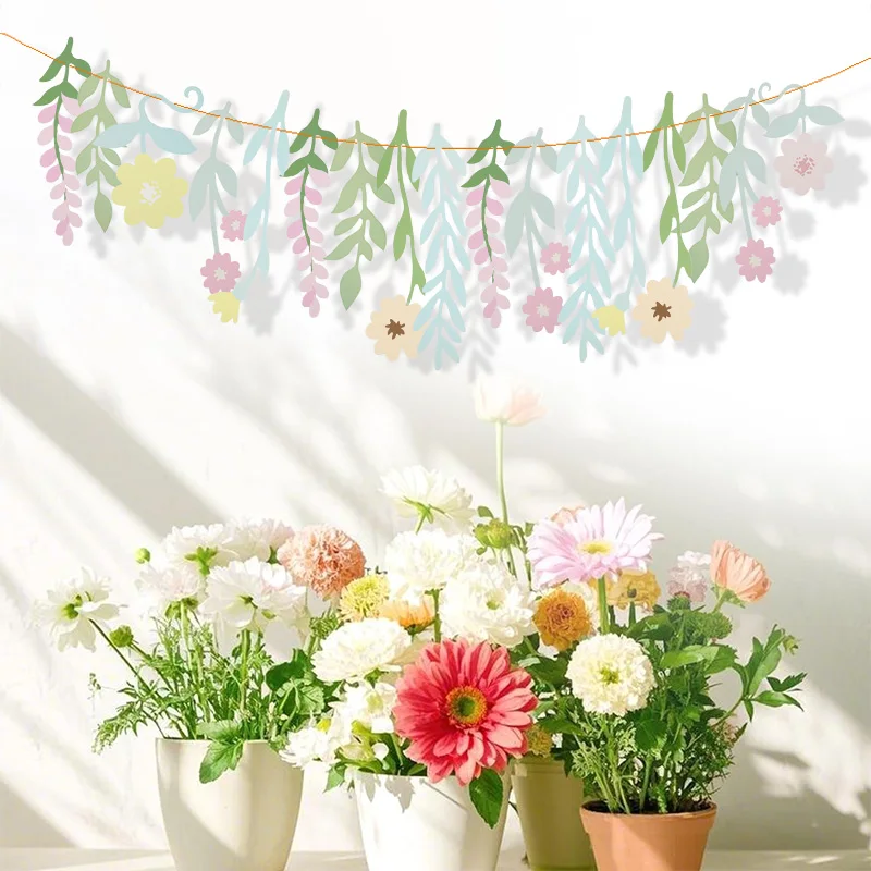 Spring Leaves Flower Hanging Banner Summer Sunflower Garland Wall Background Hanging Ornament Birthday Party Festival Decoration