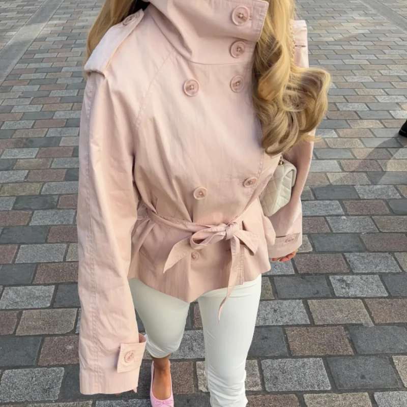 

Fashion Women's Pink Belted Jacket Stand Collar Double Breasted Long Sleeve Slim Trench Coat 2026 NEW Casual High Street Jackets