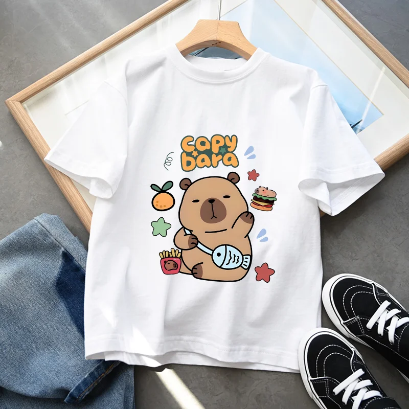Capybara Boys Girls Cotton T-shirt Cute Short Sleeves Cartoon Character Print Tops Cool Comfortable Shirts Birthday Party Gifts