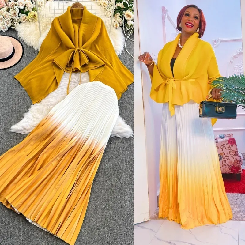 Miyake plissado conjunto de saia feminina 2026 europeu médio oriente novo plus size cardigan feminino superior plissado elástico saia longa 2 peças