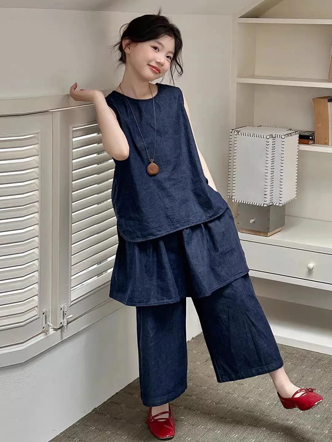 girls-sleeveless-casual-wide-leg-pants-set-summer-new-style-two-pieces-cotton-polyester-blend-comfortable-breathable-lightweight