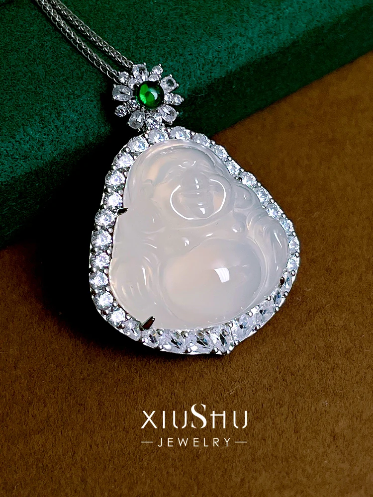 Water Foam Jade Buddha, White Chalcedony Ice Seed Pendant, Maitreya Buddha 925 Silver Inlaid High Carbon Diamond Necklace