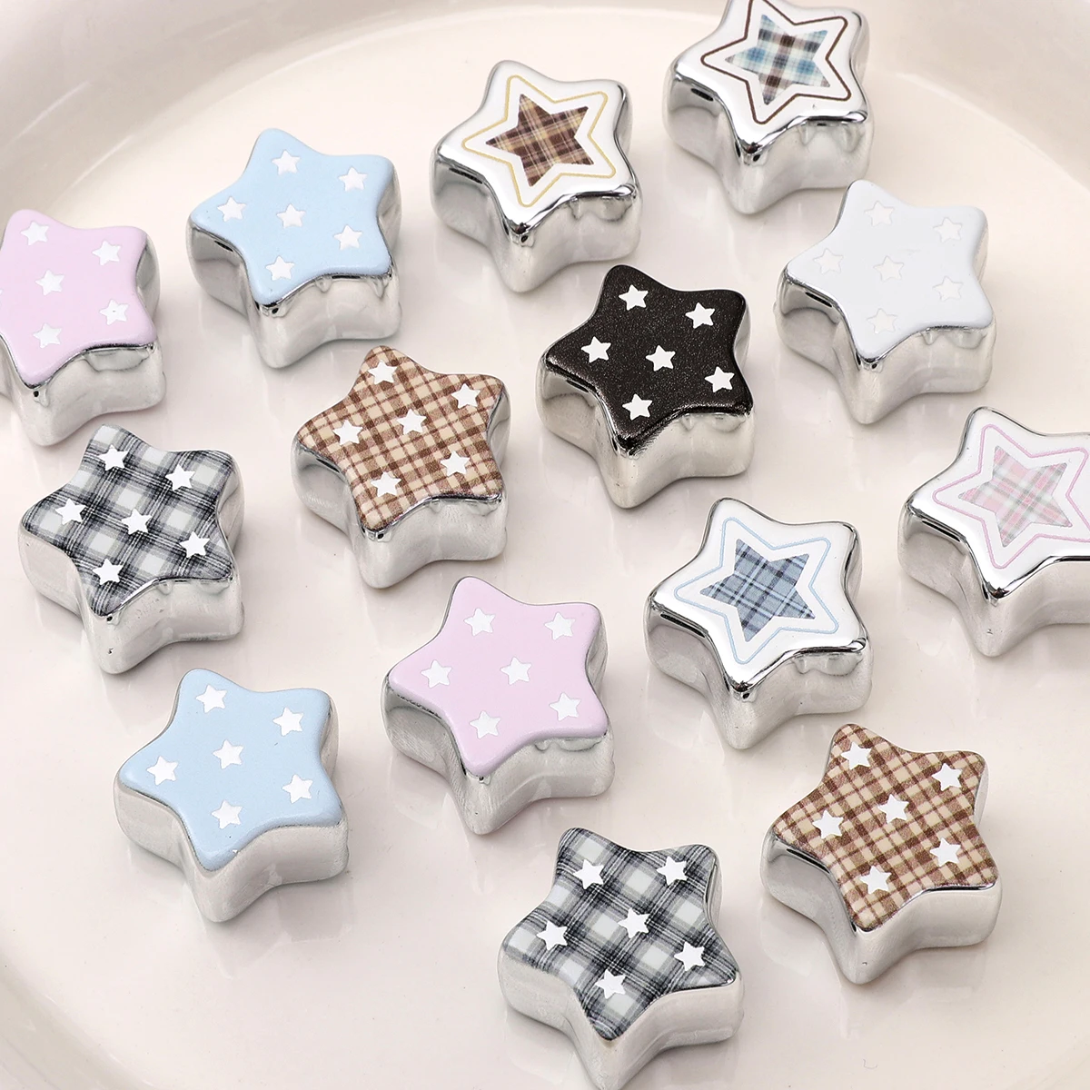 1pc 22mm New Acrylic Silvery 3D Grid Star Printed Large Hole Beads Scattered Beads DIY Bracelets Phone Chains JewelryAccessories