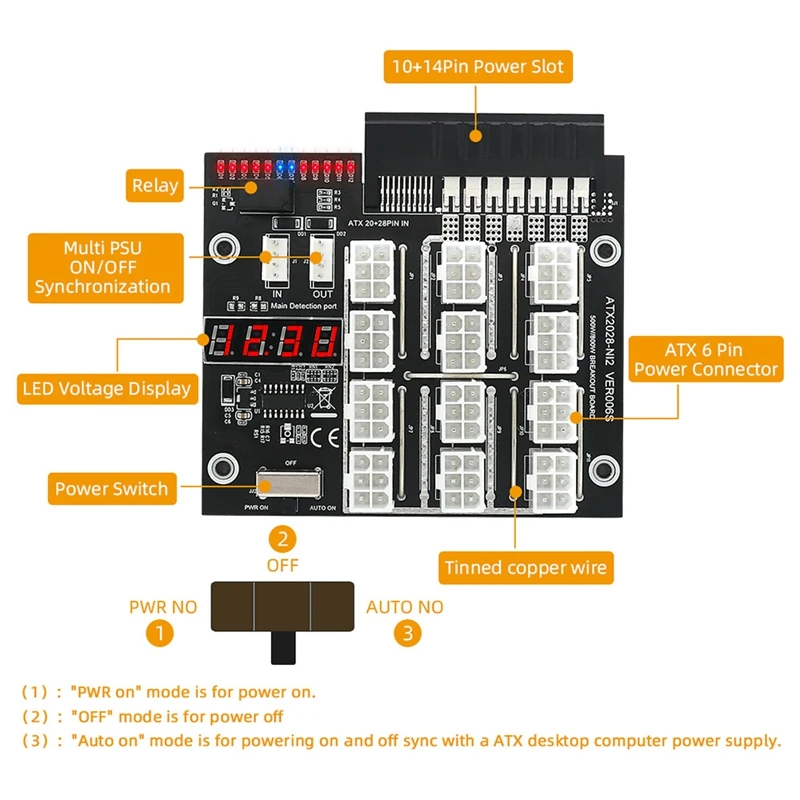 ATX 12X 6Pin Power Breakout Board 12Amp/1800Watts Power Board With Flash LED For HP Power Supply And ETH/BTC Mining