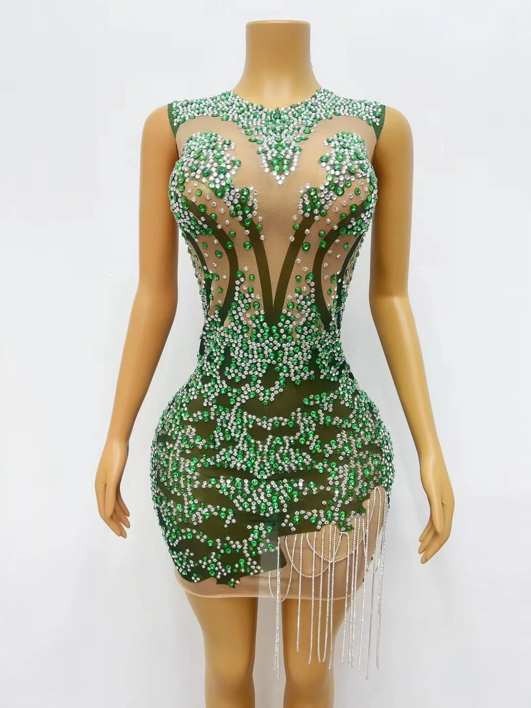 New Design Silver Green Rhinestones ChainsTransparent Dress Birthday Celebrate CostumeDance Performance Outfit shenlin C113