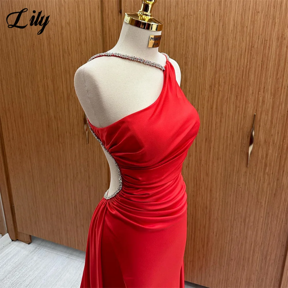 Lily Beautiful Red Prom Dress With Beading Halter Neck Evening Dress Sexy Open Back Mermaid Satin Party Dress With Pleats 프롬드레스