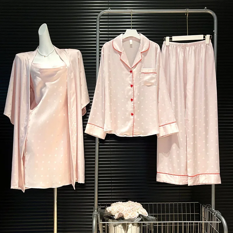 

4 шт., домашняя одежда, халат, ночная рубашка, розовая одежда для сна, осень-весна, новая ночная рубашка, пижамы, сексуальный жаккардовый пижамный костюм, домашняя одежда