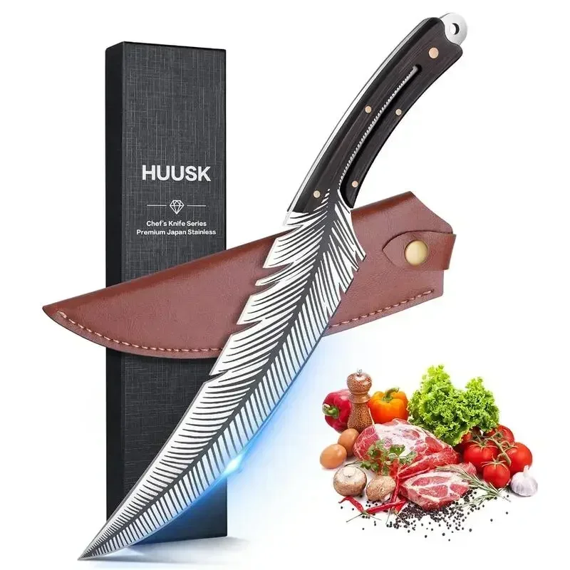 Huusk Professional Chef Knife-Hand-Forged High Carbon Steel Boning Knife, Sharp Feather Blade with Wooden Handle & Sheath