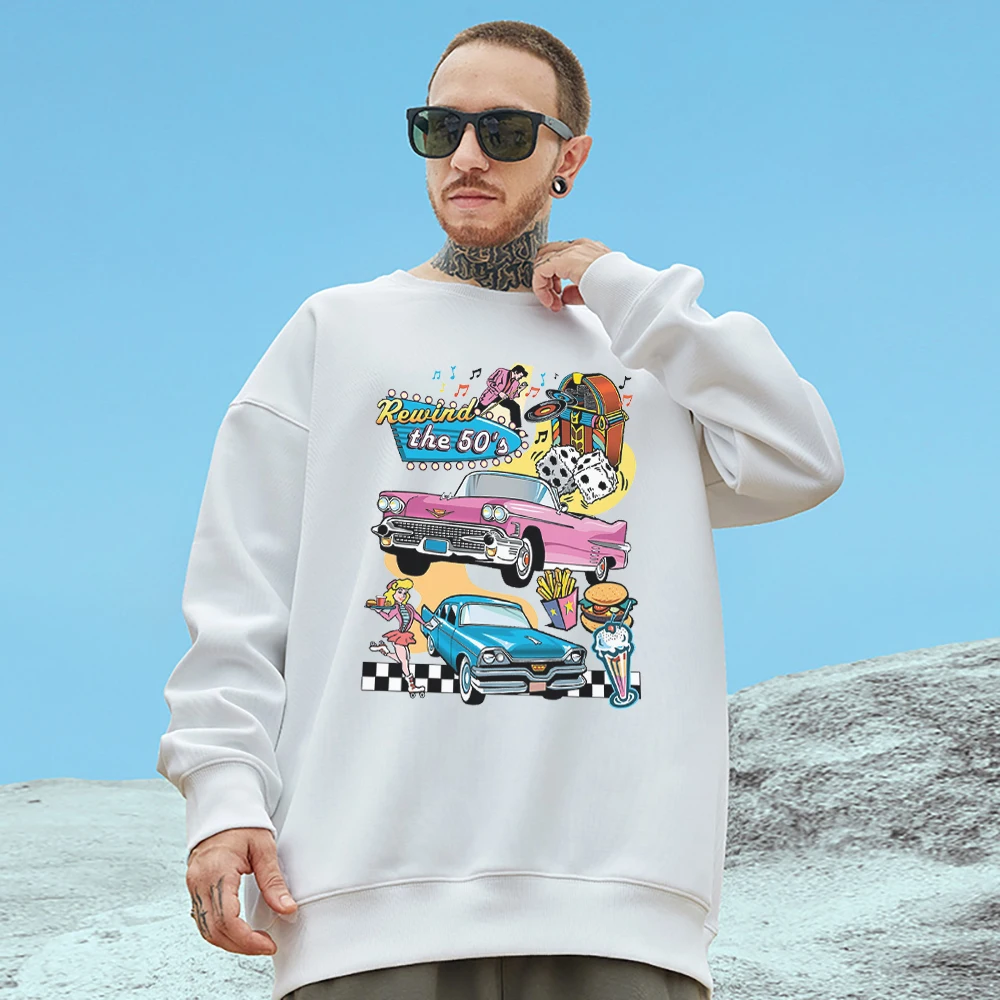 Rewind The 50's Automobile And Entertainment Print Man Long Sleeves Vintage Casual Sweatshirts Oversize Fashion Unisex Hoodies